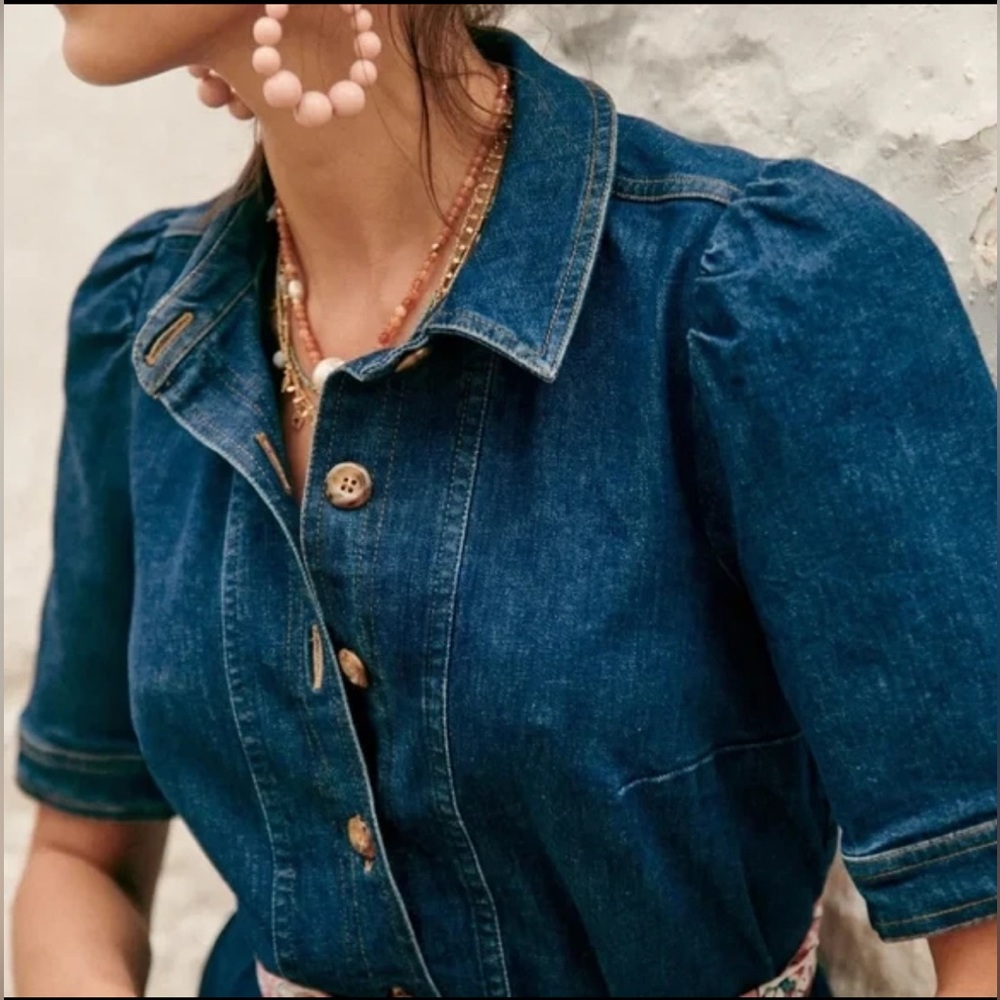 Sezane Dark Blue Denim Button-Front Mini Dress - Picture 3 of 7